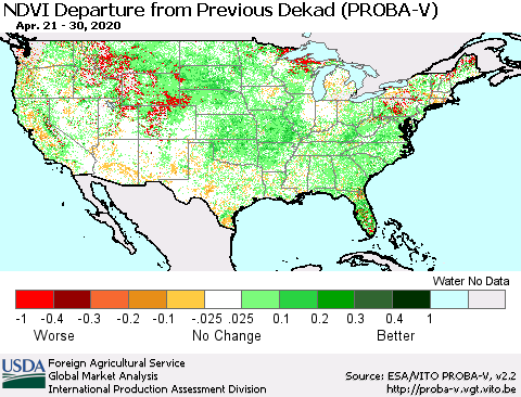 United States NDVI Departure from Previous Dekad (PROBA-V) Thematic Map For 4/21/2020 - 4/30/2020