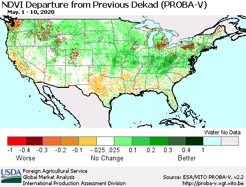United States NDVI Departure from Previous Dekad (PROBA-V) Thematic Map For 5/1/2020 - 5/10/2020