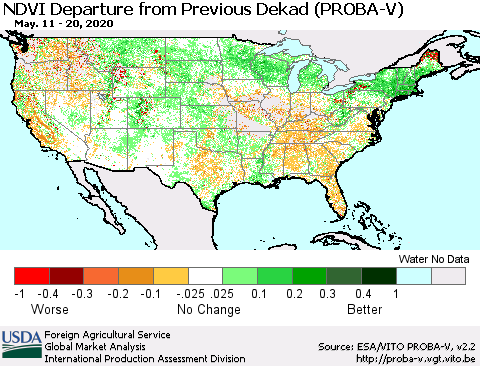 United States NDVI Departure from Previous Dekad (PROBA-V) Thematic Map For 5/11/2020 - 5/20/2020