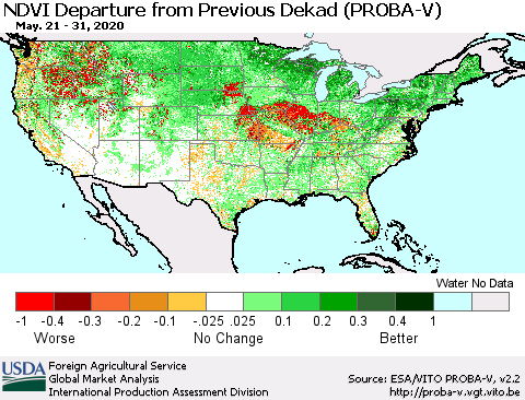 United States NDVI Departure from Previous Dekad (PROBA-V) Thematic Map For 5/21/2020 - 5/31/2020