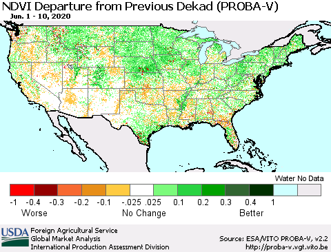 United States NDVI Departure from Previous Dekad (PROBA-V) Thematic Map For 6/1/2020 - 6/10/2020