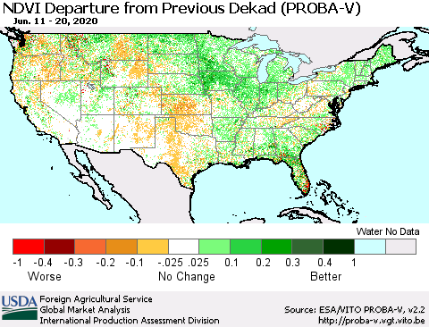 United States NDVI Departure from Previous Dekad (PROBA-V) Thematic Map For 6/11/2020 - 6/20/2020