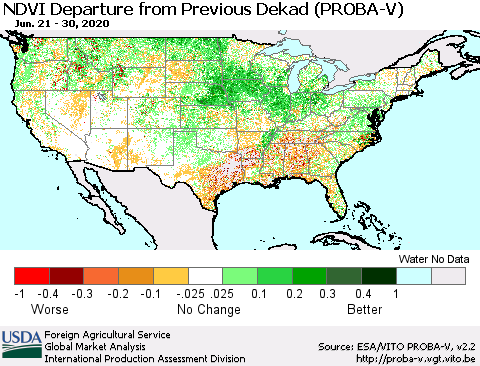 United States NDVI Departure from Previous Dekad (PROBA-V) Thematic Map For 6/21/2020 - 6/30/2020