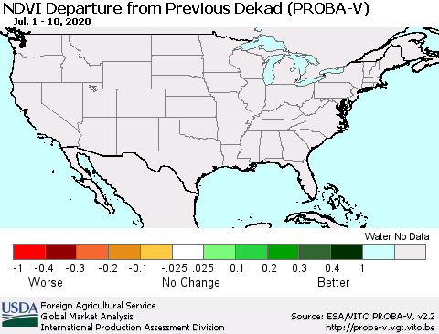 United States NDVI Departure from Previous Dekad (PROBA-V) Thematic Map For 7/1/2020 - 7/10/2020