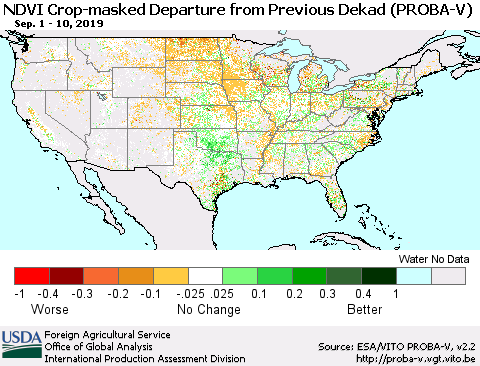 United States NDVI Crop-masked Departure from Previous Dekad (PROBA-V) Thematic Map For 9/1/2019 - 9/10/2019