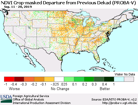 United States NDVI Crop-masked Departure from Previous Dekad (PROBA-V) Thematic Map For 9/11/2019 - 9/20/2019