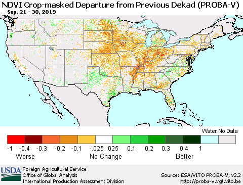 United States NDVI Crop-masked Departure from Previous Dekad (PROBA-V) Thematic Map For 9/21/2019 - 9/30/2019
