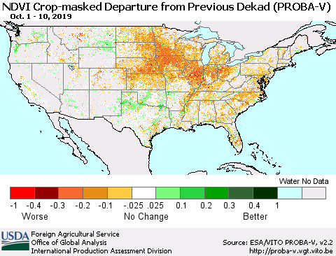 United States NDVI Crop-masked Departure from Previous Dekad (PROBA-V) Thematic Map For 10/1/2019 - 10/10/2019