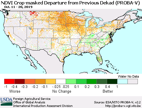 United States NDVI Crop-masked Departure from Previous Dekad (PROBA-V) Thematic Map For 10/11/2019 - 10/20/2019