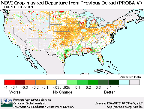 United States NDVI Crop-masked Departure from Previous Dekad (PROBA-V) Thematic Map For 10/21/2019 - 10/31/2019