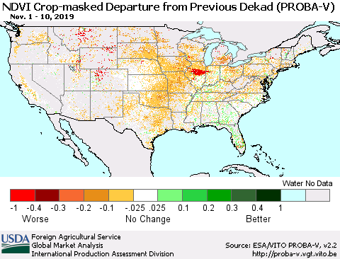 United States NDVI Crop-masked Departure from Previous Dekad (PROBA-V) Thematic Map For 11/1/2019 - 11/10/2019