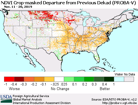 United States NDVI Crop-masked Departure from Previous Dekad (PROBA-V) Thematic Map For 11/11/2019 - 11/20/2019
