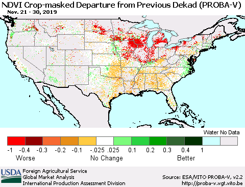 United States NDVI Crop-masked Departure from Previous Dekad (PROBA-V) Thematic Map For 11/21/2019 - 11/30/2019