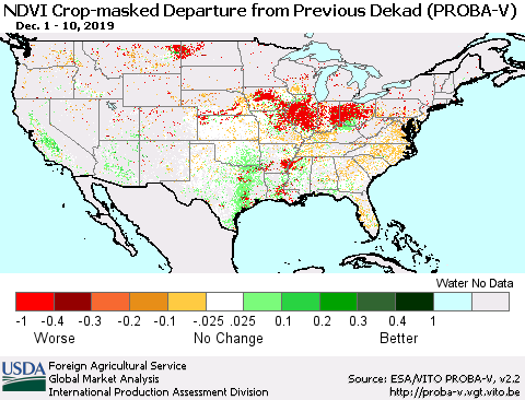 United States NDVI Crop-masked Departure from Previous Dekad (PROBA-V) Thematic Map For 12/1/2019 - 12/10/2019