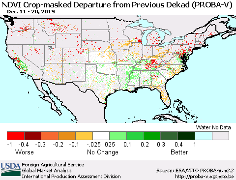 United States NDVI Crop-masked Departure from Previous Dekad (PROBA-V) Thematic Map For 12/11/2019 - 12/20/2019