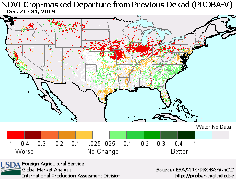 United States NDVI Crop-masked Departure from Previous Dekad (PROBA-V) Thematic Map For 12/21/2019 - 12/31/2019