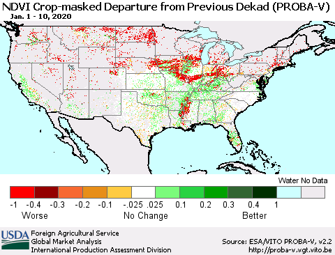 United States NDVI Crop-masked Departure from Previous Dekad (PROBA-V) Thematic Map For 1/1/2020 - 1/10/2020