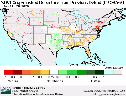 United States NDVI Crop-masked Departure from Previous Dekad (PROBA-V) Thematic Map For 1/11/2020 - 1/20/2020