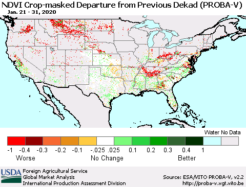 United States NDVI Crop-masked Departure from Previous Dekad (PROBA-V) Thematic Map For 1/21/2020 - 1/31/2020