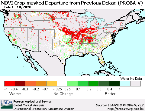 United States NDVI Crop-masked Departure from Previous Dekad (PROBA-V) Thematic Map For 2/1/2020 - 2/10/2020
