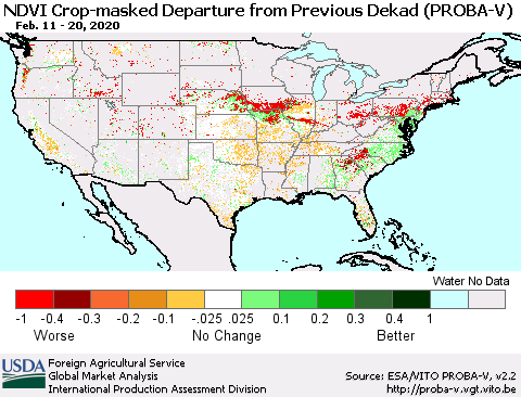 United States NDVI Crop-masked Departure from Previous Dekad (PROBA-V) Thematic Map For 2/11/2020 - 2/20/2020
