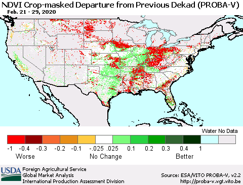 United States NDVI Crop-masked Departure from Previous Dekad (PROBA-V) Thematic Map For 2/21/2020 - 2/29/2020