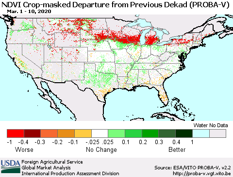 United States NDVI Crop-masked Departure from Previous Dekad (PROBA-V) Thematic Map For 3/1/2020 - 3/10/2020