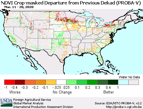 United States NDVI Crop-masked Departure from Previous Dekad (PROBA-V) Thematic Map For 3/11/2020 - 3/20/2020