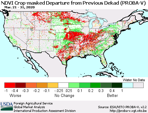 United States NDVI Crop-masked Departure from Previous Dekad (PROBA-V) Thematic Map For 3/21/2020 - 3/31/2020