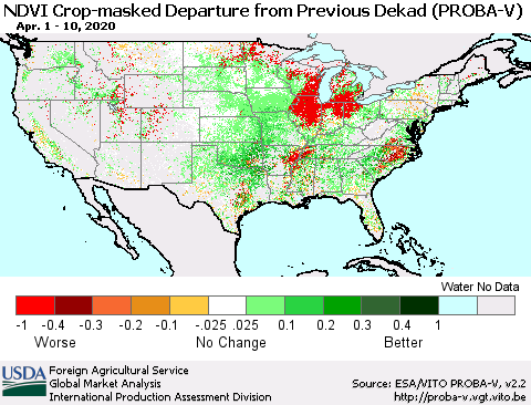 United States NDVI Crop-masked Departure from Previous Dekad (PROBA-V) Thematic Map For 4/1/2020 - 4/10/2020