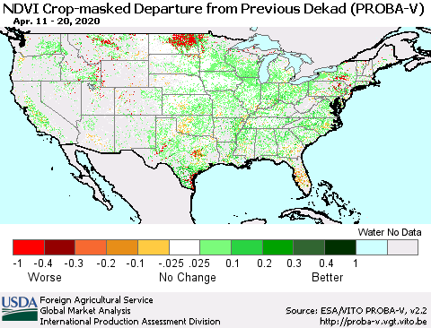 United States NDVI Crop-masked Departure from Previous Dekad (PROBA-V) Thematic Map For 4/11/2020 - 4/20/2020
