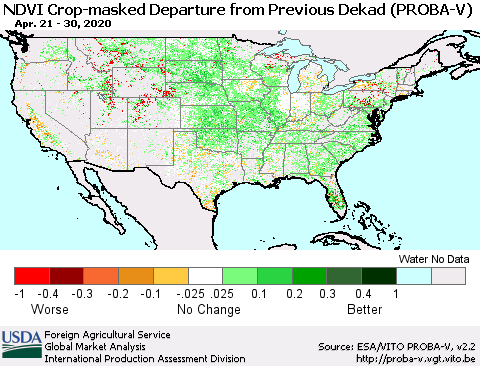 United States NDVI Crop-masked Departure from Previous Dekad (PROBA-V) Thematic Map For 4/21/2020 - 4/30/2020
