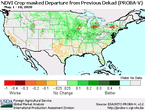 United States NDVI Crop-masked Departure from Previous Dekad (PROBA-V) Thematic Map For 5/1/2020 - 5/10/2020