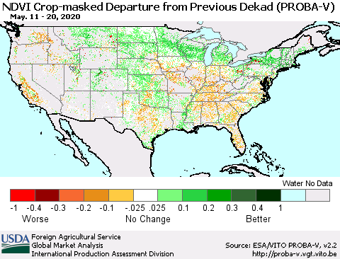 United States NDVI Crop-masked Departure from Previous Dekad (PROBA-V) Thematic Map For 5/11/2020 - 5/20/2020