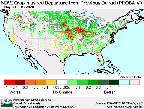 United States NDVI Crop-masked Departure from Previous Dekad (PROBA-V) Thematic Map For 5/21/2020 - 5/31/2020