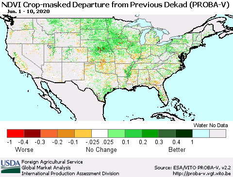 United States NDVI Crop-masked Departure from Previous Dekad (PROBA-V) Thematic Map For 6/1/2020 - 6/10/2020