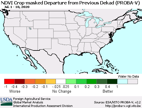 United States NDVI Crop-masked Departure from Previous Dekad (PROBA-V) Thematic Map For 7/1/2020 - 7/10/2020