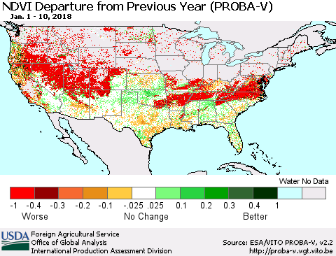 United States NDVI Departure from Previous Year (PROBA-V) Thematic Map For 1/1/2018 - 1/10/2018