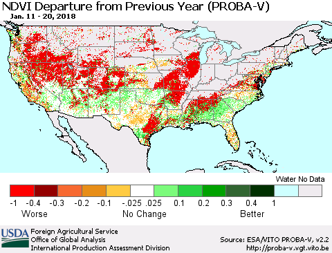 United States NDVI Departure from Previous Year (PROBA-V) Thematic Map For 1/11/2018 - 1/20/2018