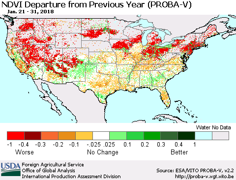 United States NDVI Departure from Previous Year (PROBA-V) Thematic Map For 1/21/2018 - 1/31/2018