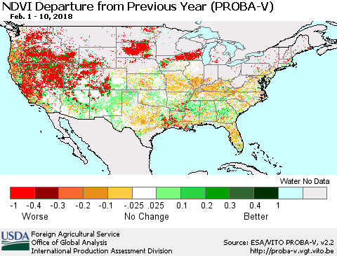 United States NDVI Departure from Previous Year (PROBA-V) Thematic Map For 2/1/2018 - 2/10/2018