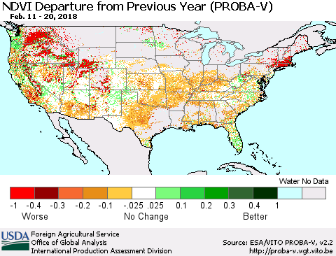 United States NDVI Departure from Previous Year (PROBA-V) Thematic Map For 2/11/2018 - 2/20/2018
