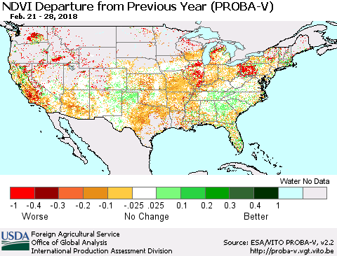 United States NDVI Departure from Previous Year (PROBA-V) Thematic Map For 2/21/2018 - 2/28/2018
