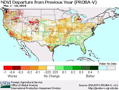 United States NDVI Departure from Previous Year (PROBA-V) Thematic Map For 3/1/2018 - 3/10/2018