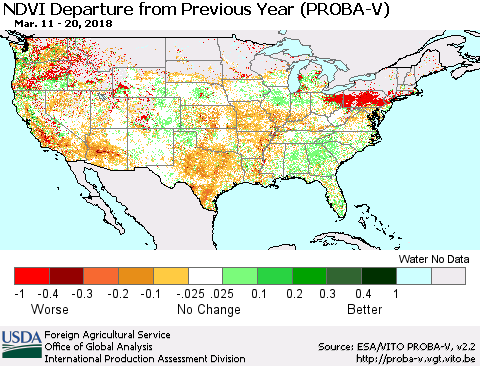 United States NDVI Departure from Previous Year (PROBA-V) Thematic Map For 3/11/2018 - 3/20/2018