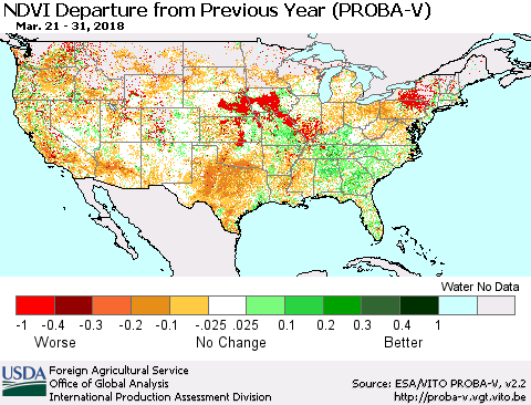 United States NDVI Departure from Previous Year (PROBA-V) Thematic Map For 3/21/2018 - 3/31/2018