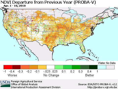 United States NDVI Departure from Previous Year (PROBA-V) Thematic Map For 4/1/2018 - 4/10/2018