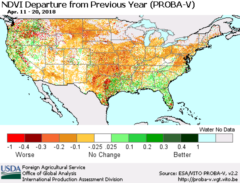 United States NDVI Departure from Previous Year (PROBA-V) Thematic Map For 4/11/2018 - 4/20/2018