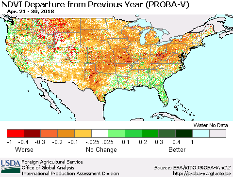 United States NDVI Departure from Previous Year (PROBA-V) Thematic Map For 4/21/2018 - 4/30/2018