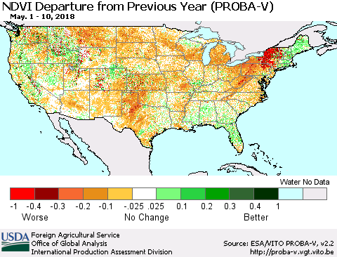 United States NDVI Departure from Previous Year (PROBA-V) Thematic Map For 5/1/2018 - 5/10/2018